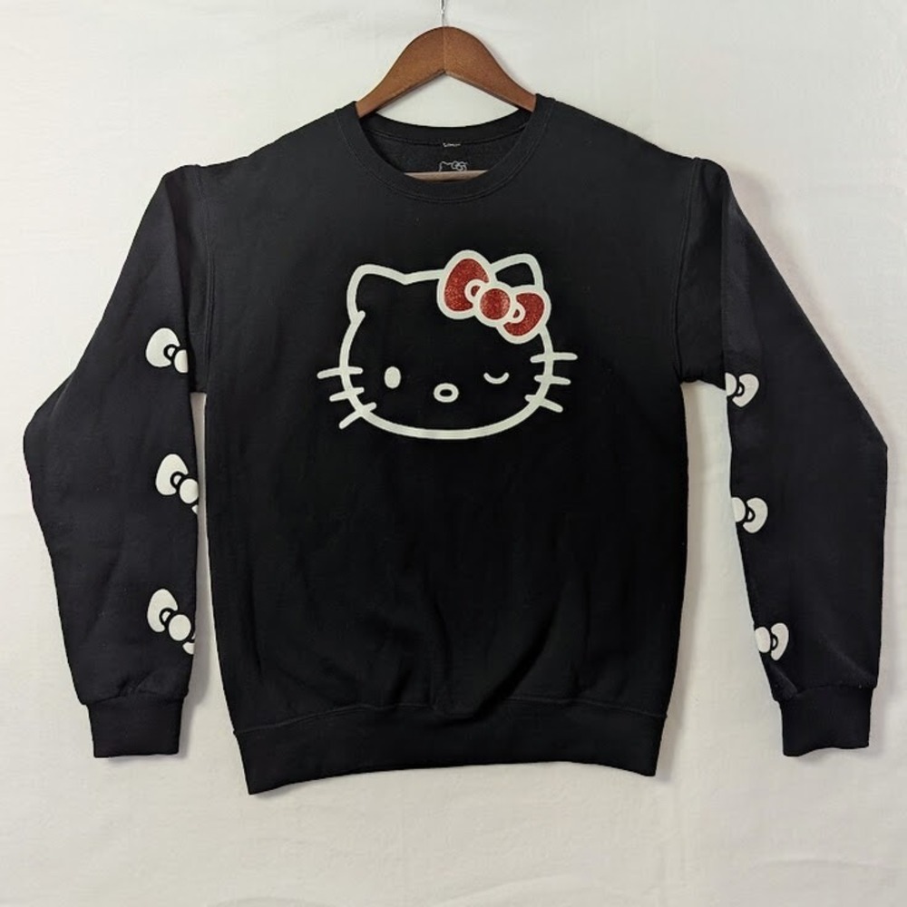 Sanrio Hello Kitty Sweatshirt Women XS Black Winking Glitter Bow Graphic